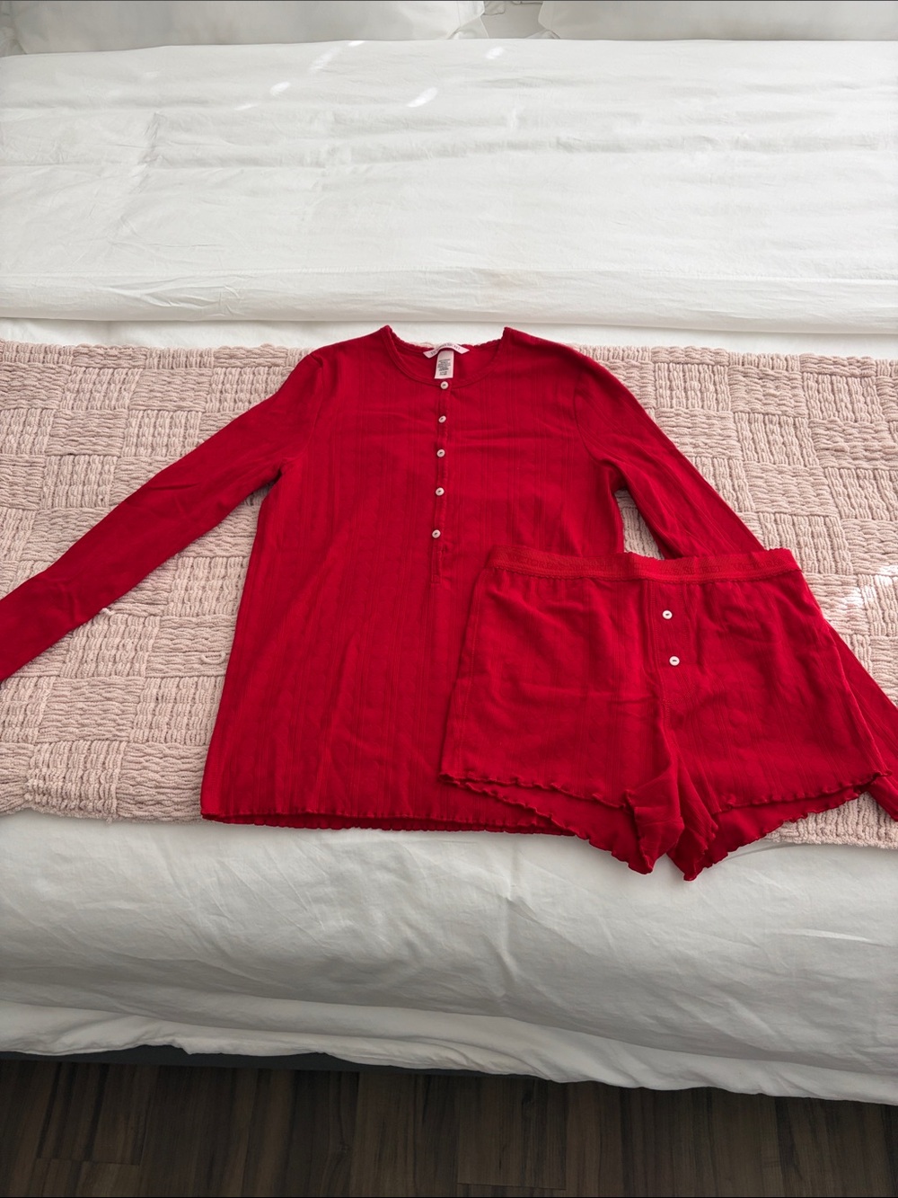 Victoria's Secret Women’s Red Ribbed Button-Front Pajama Set with Shorts